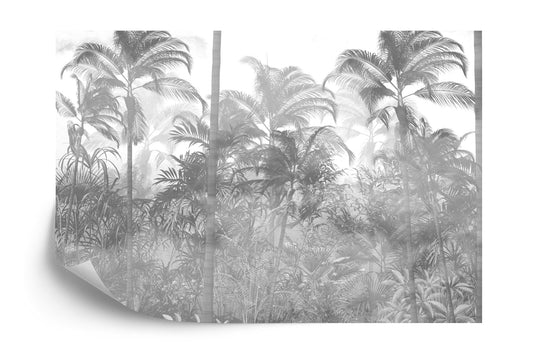 Fototapete Tropical Trees And Leaves In Foggy Forest Wallpaper Design - 3D
