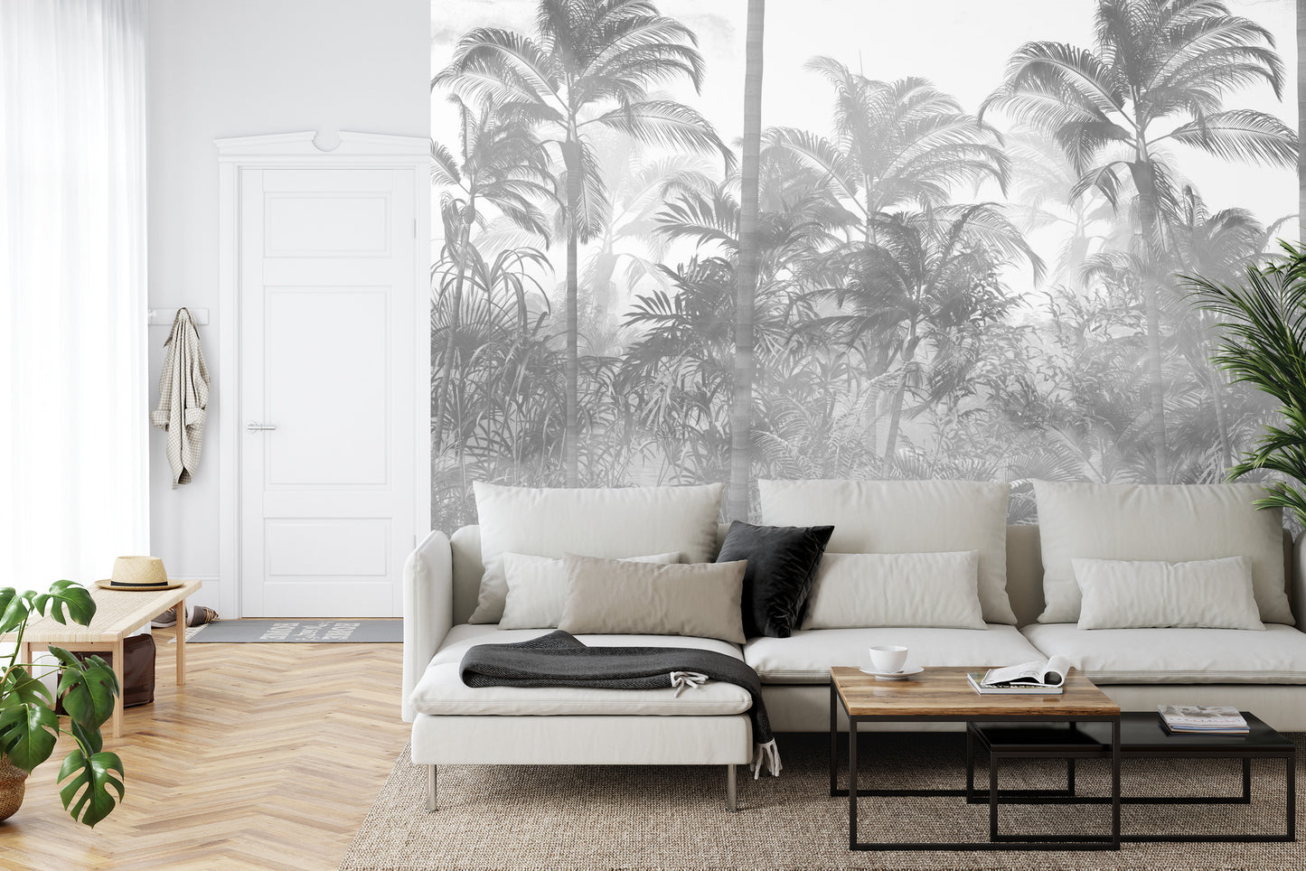 Fototapete Tropical Trees And Leaves In Foggy Forest Wallpaper Design - 3D