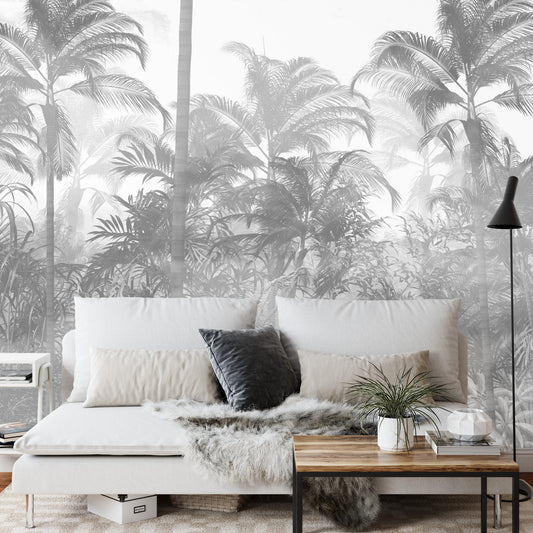 Fototapete Tropical Trees And Leaves In Foggy Forest Wallpaper Design - 3D