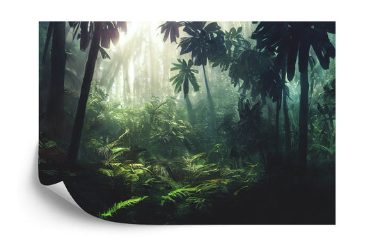 Fototapete Dark Rainforest, Sun Rays Through The Trees, Rich Jungle Greenery. Atmospheric Fantasy Forest. 3D .