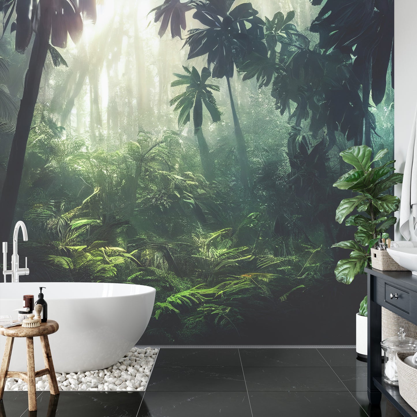 Fototapete Dark Rainforest, Sun Rays Through The Trees, Rich Jungle Greenery. Atmospheric Fantasy Forest. 3D .