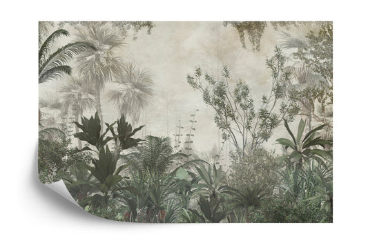 Fototapete Tropical Trees And Leaves Wallpaper Design In Foggy Forest - 3D