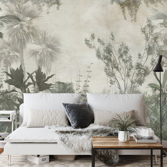 Fototapete Tropical Trees And Leaves Wallpaper Design In Foggy Forest - 3D