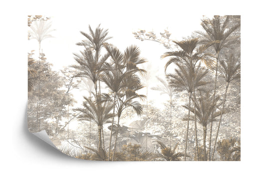 Fototapete Tropical Trees And Leaves Wallpaper Design In Foggy Forest - 3D