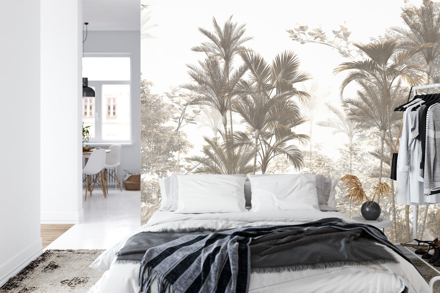 Fototapete Tropical Trees And Leaves Wallpaper Design In Foggy Forest - 3D