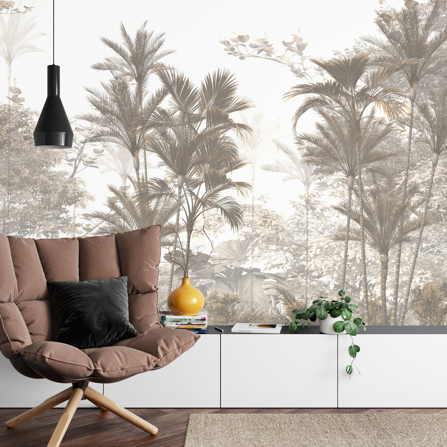 Fototapete Tropical Trees And Leaves Wallpaper Design In Foggy Forest - 3D