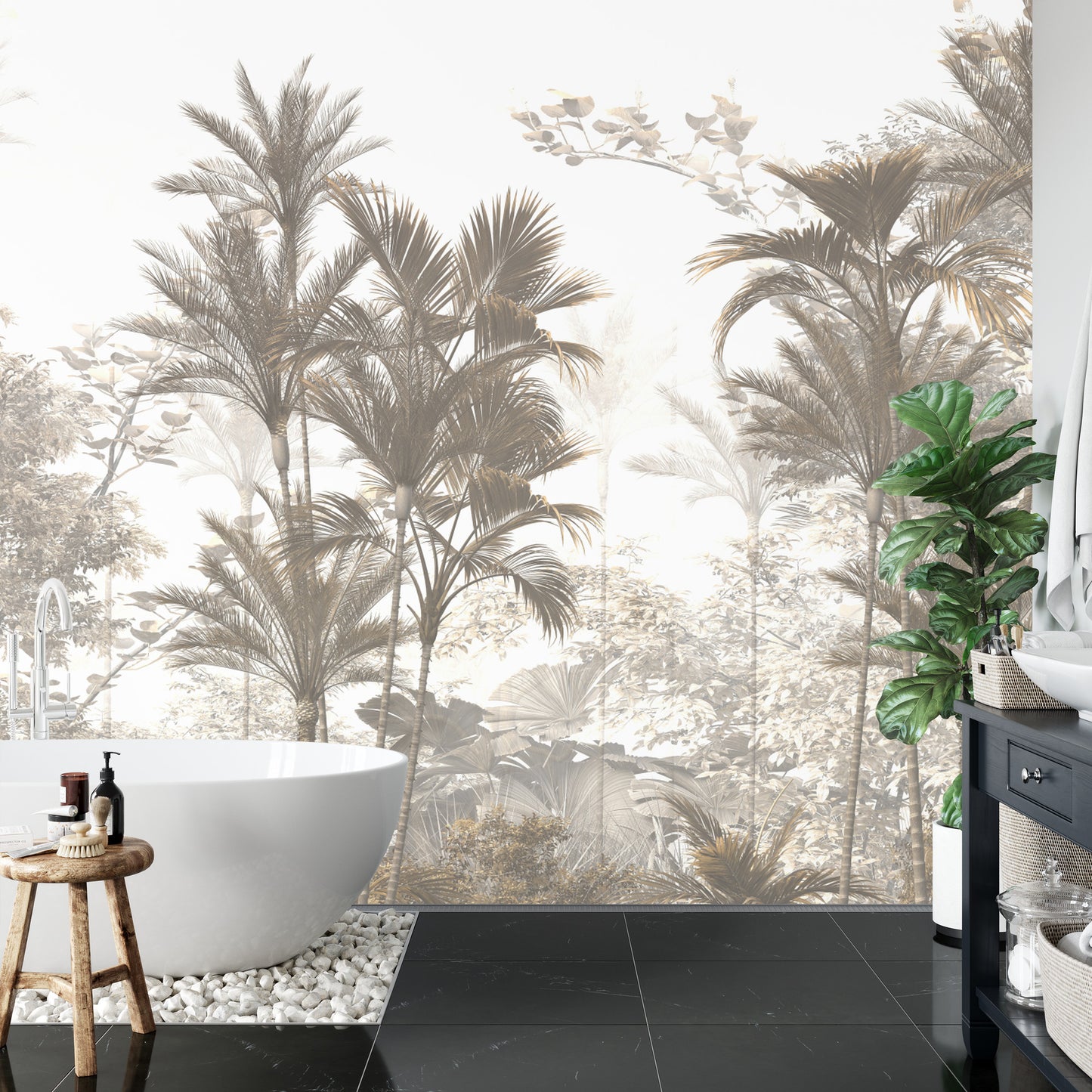 Fototapete Tropical Trees And Leaves Wallpaper Design In Foggy Forest - 3D