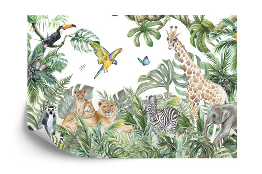 Fototapete Children&#039;s Wallpaper, Watercolor Jungle And Animals. Lions, Giraffe, Elephant, Parrots, Zebra, Lemur