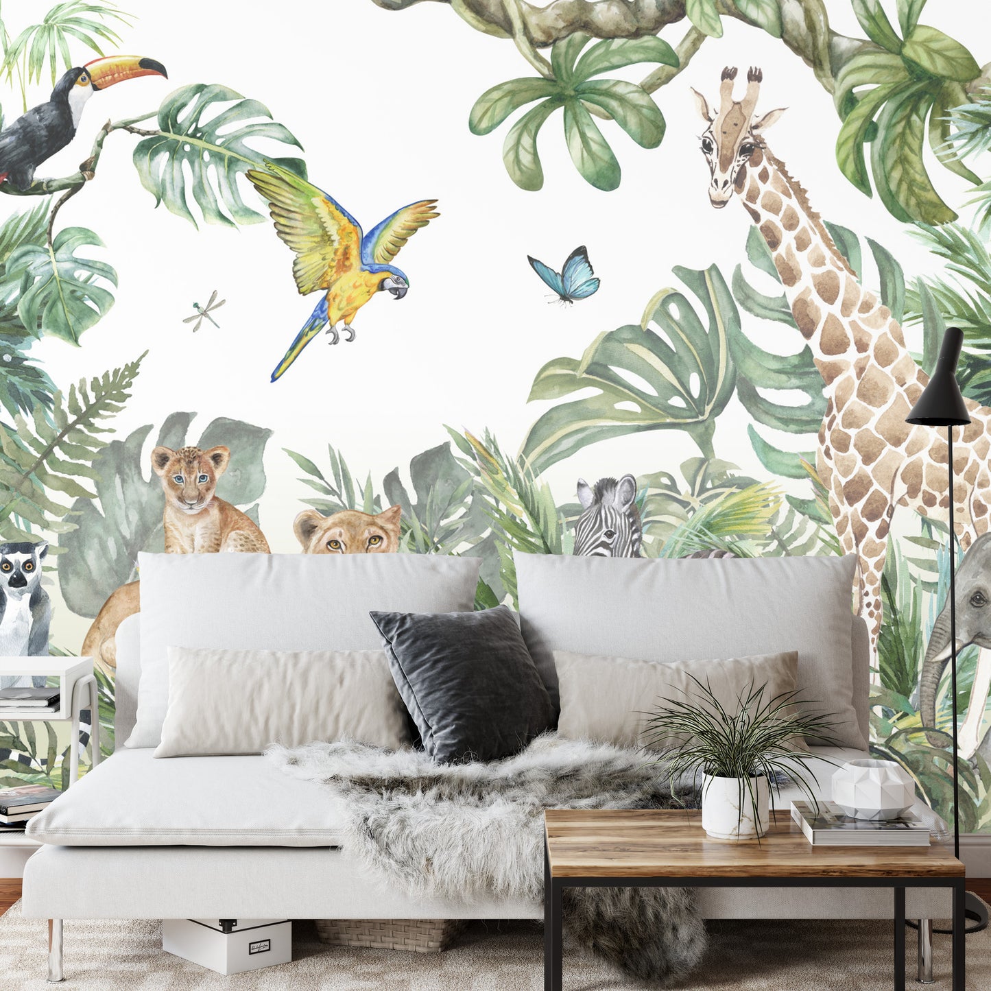 Fototapete Children&#039;s Wallpaper, Watercolor Jungle And Animals. Lions, Giraffe, Elephant, Parrots, Zebra, Lemur