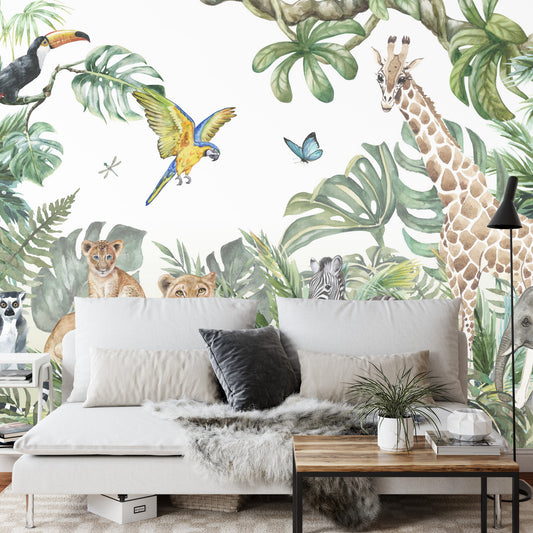 Fototapete Children&#039;s Wallpaper, Watercolor Jungle And Animals. Lions, Giraffe, Elephant, Parrots, Zebra, Lemur