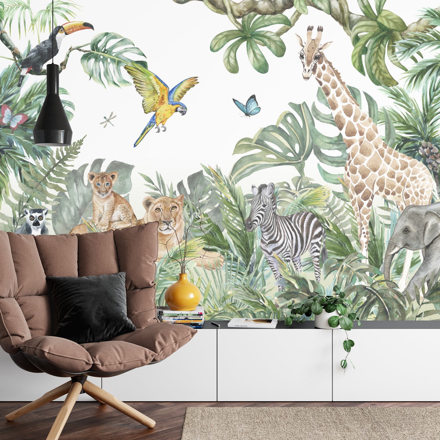 Fototapete Children&#039;s Wallpaper, Watercolor Jungle And Animals. Lions, Giraffe, Elephant, Parrots, Zebra, Lemur