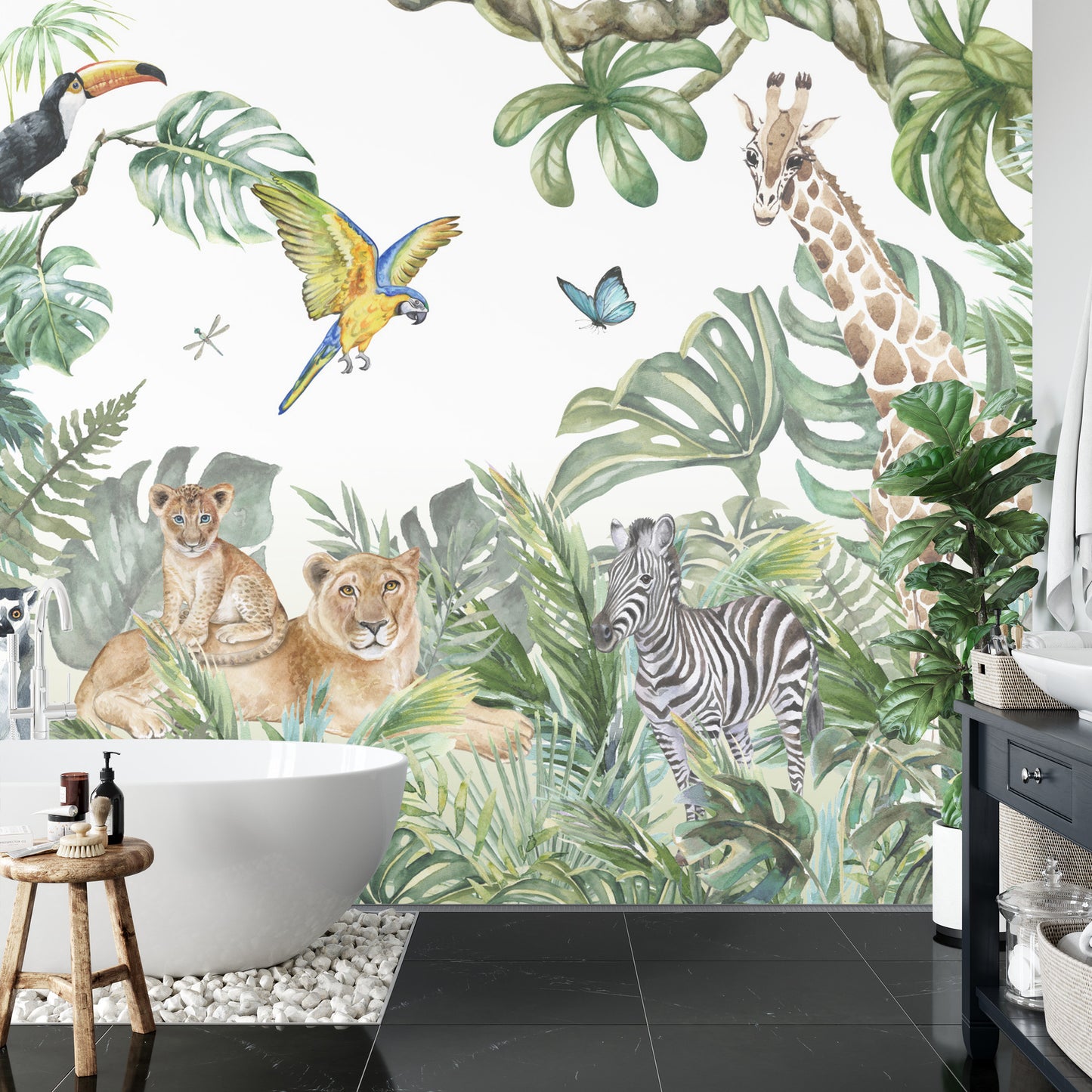 Fototapete Children&#039;s Wallpaper, Watercolor Jungle And Animals. Lions, Giraffe, Elephant, Parrots, Zebra, Lemur