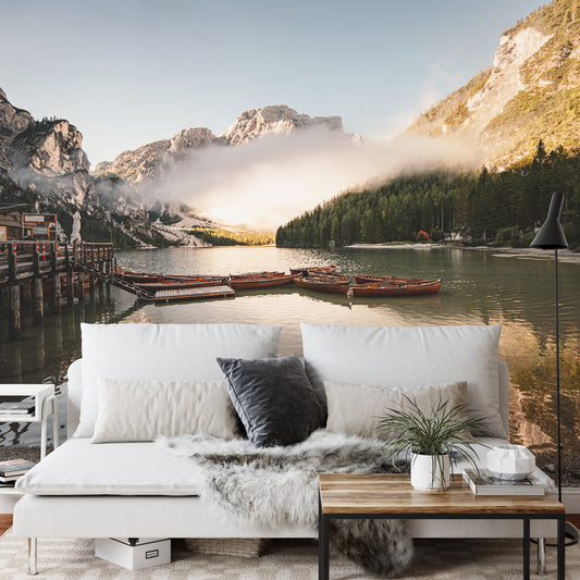 Fototapete Boats On The Braies Lake, Pragser Wildsee In Dolomites Mountains, Sudtirol, Italy Dolomite.
