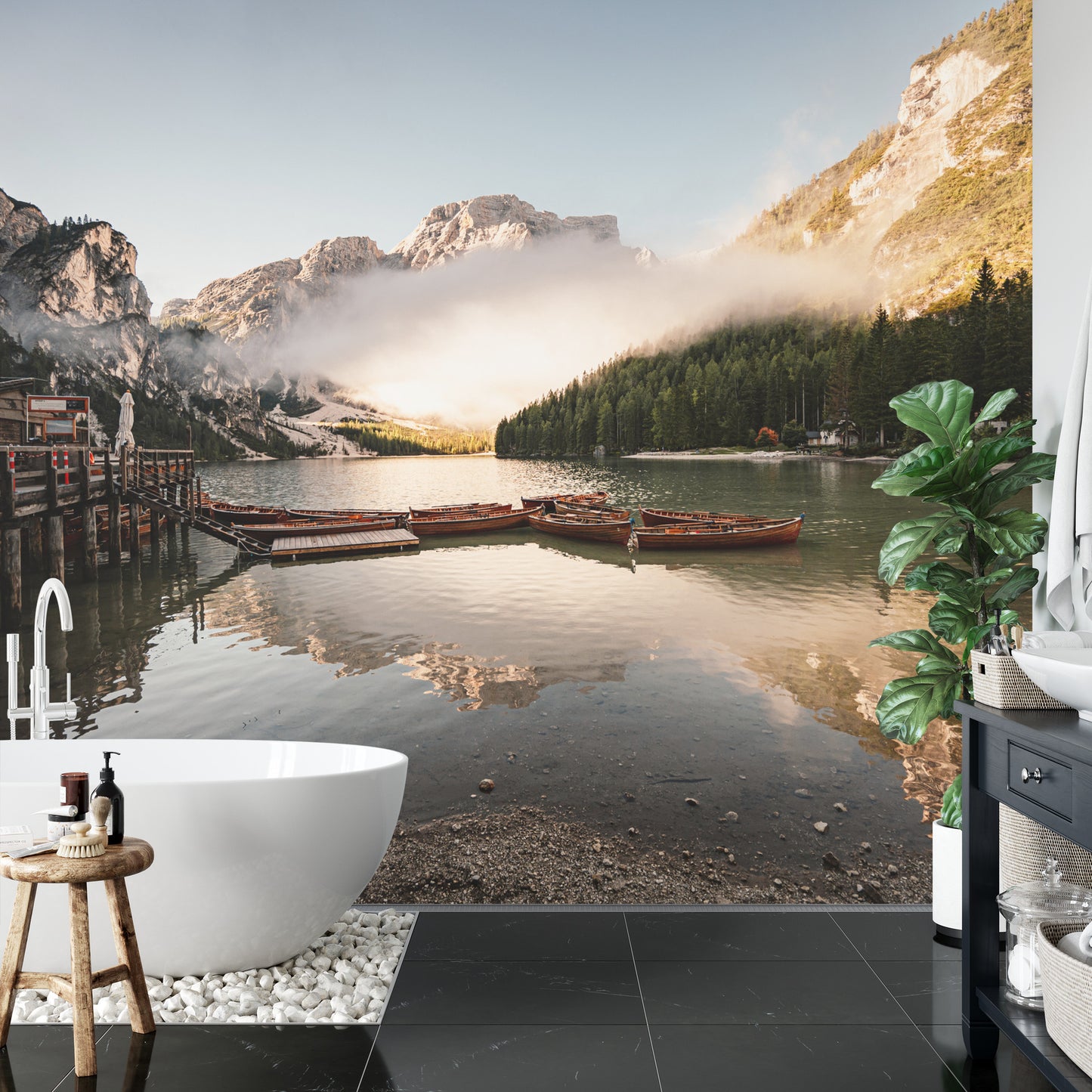 Fototapete Boats On The Braies Lake, Pragser Wildsee In Dolomites Mountains, Sudtirol, Italy Dolomite.