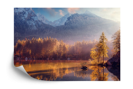 Fototapete Awesome Nature Scenery. Beautiful Landscape With High Mountains With Illuminated Peaks, Stones In Mountain Lake, Reflection, Blue Sky And Yellow Sunlight In Sunrise. Amazing Nature Background.