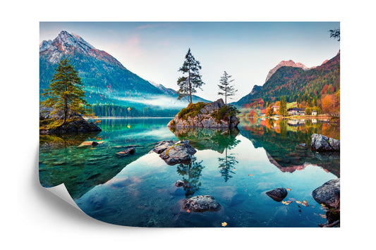 Fototapete Beautiful Autumn Scene Of Hintersee Lake. Colorful Morning View Of Bavarian Alps On The Austrian Border, Germany, Europe. Beauty Of Nature Concept Background.