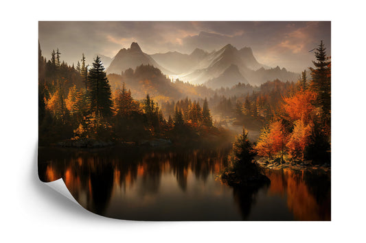 Fototapete Ai Generated Image Of A Beautiful Landscape With Autumn Forest, A Lake And Hills