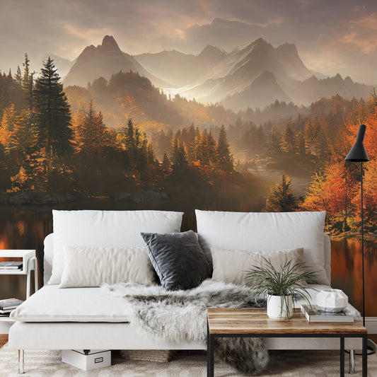 Fototapete Ai Generated Image Of A Beautiful Landscape With Autumn Forest, A Lake And Hills