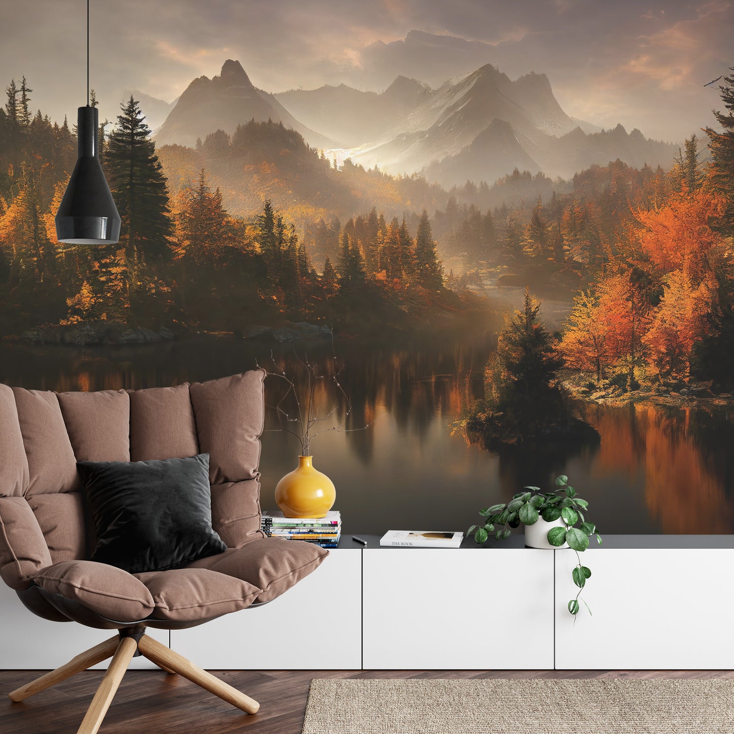 Fototapete Ai Generated Image Of A Beautiful Landscape With Autumn Forest, A Lake And Hills