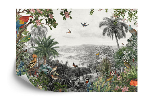 Fototapete Tropical Jungle Wallpaper Palm Trees, Birds And Parrot In The River Land With Flying Butterflies