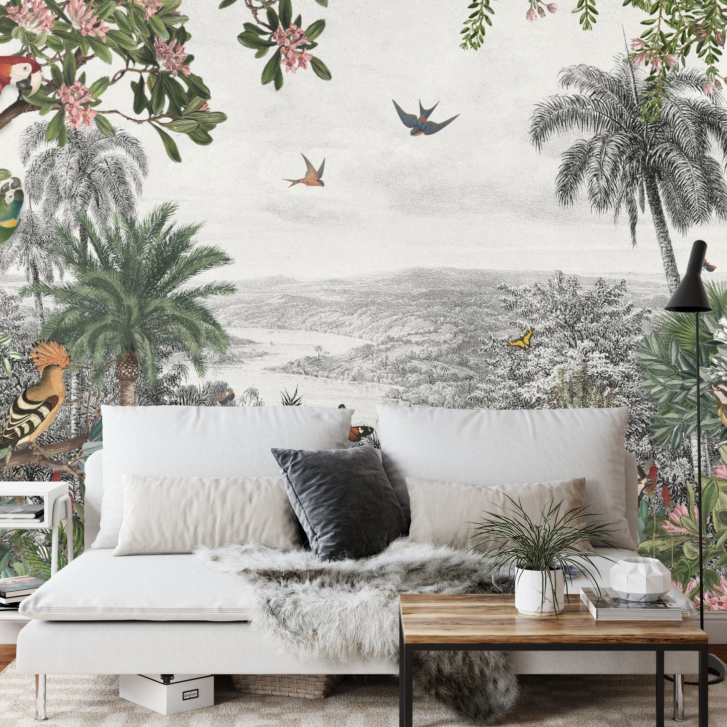 Fototapete Tropical Jungle Wallpaper Palm Trees, Birds And Parrot In The River Land With Flying Butterflies