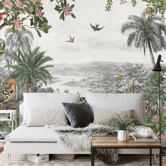 Fototapete Tropical Jungle Wallpaper Palm Trees, Birds And Parrot In The River Land With Flying Butterflies