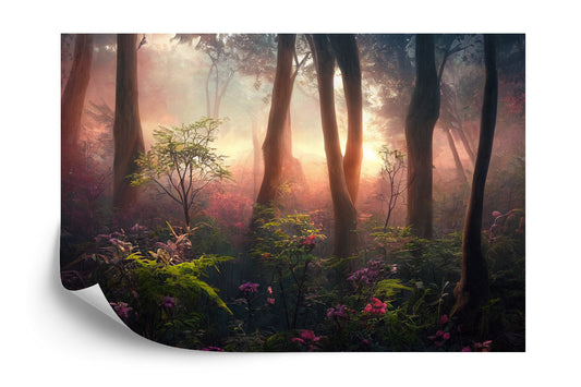 Fototapete Colorful Sunset Forest Scenery With Beautiful Trees And Plants, Natural Green Environment With Amazing Nature