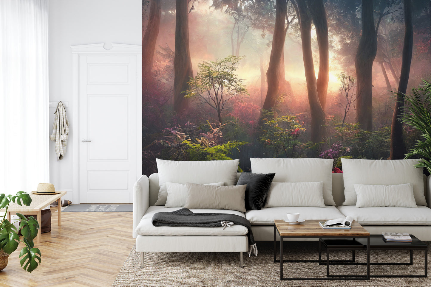 Fototapete Colorful Sunset Forest Scenery With Beautiful Trees And Plants, Natural Green Environment With Amazing Nature