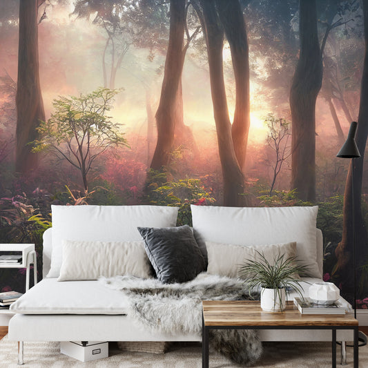 Fototapete Colorful Sunset Forest Scenery With Beautiful Trees And Plants, Natural Green Environment With Amazing Nature