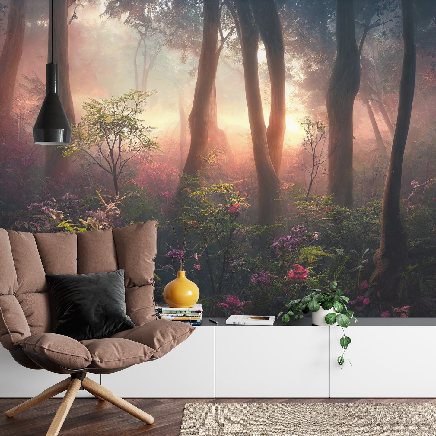 Fototapete Colorful Sunset Forest Scenery With Beautiful Trees And Plants, Natural Green Environment With Amazing Nature