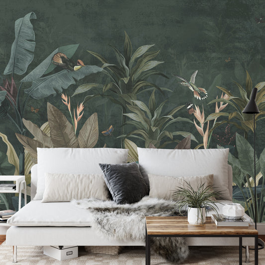 Fototapete Wallpaper Palm Tropical Forest Vintage Jungle Pattern With Birds Dark Mood