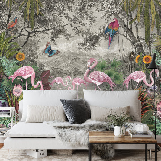 Fototapete Wallpaper Jungle And Tropical Forest Banana Palm And Tropical Birds, Old Drawing