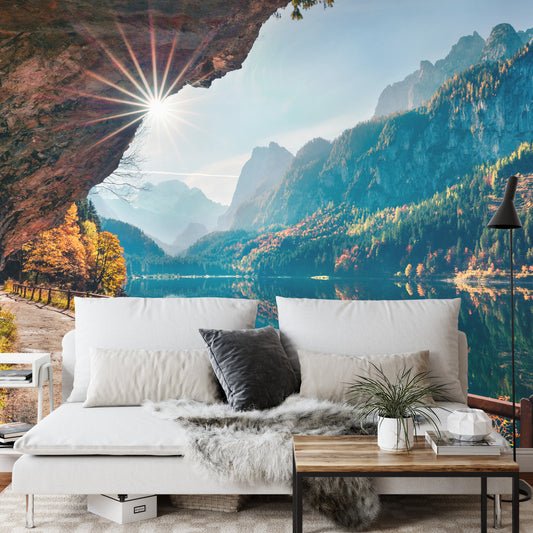 Fototapete Sunny Autumn Scene Of Vorderer ( Gosausee ) Lake. Colorful Morning View Of Austrian Alps, Upper Austria, Europe. Beauty Of Nature Concept Background.
