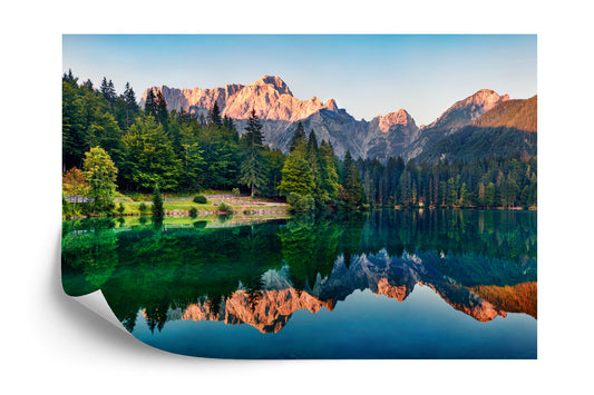 Fototapete Calm Morning View Of Fusine Lake. Colorful Summer Sunrise In Julian Alps With Mangart Peak On Background, Province Of Udine, Italy, Europe. Beauty Of Nature Concept Background.
