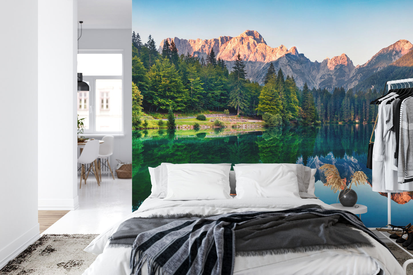 Fototapete Calm Morning View Of Fusine Lake. Colorful Summer Sunrise In Julian Alps With Mangart Peak On Background, Province Of Udine, Italy, Europe. Beauty Of Nature Concept Background.