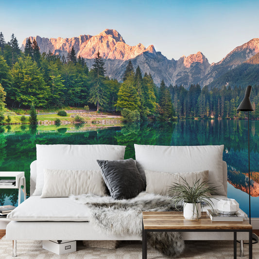Fototapete Calm Morning View Of Fusine Lake. Colorful Summer Sunrise In Julian Alps With Mangart Peak On Background, Province Of Udine, Italy, Europe. Beauty Of Nature Concept Background.