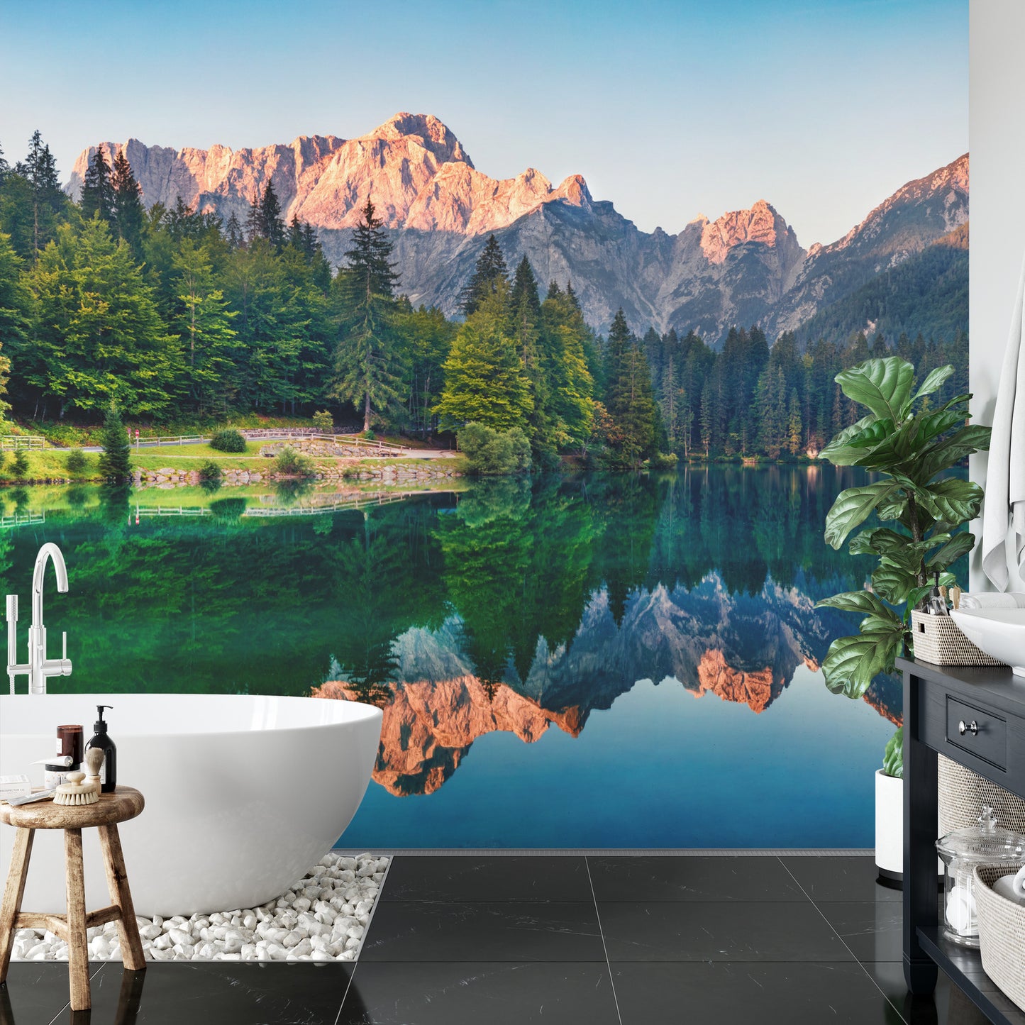 Fototapete Calm Morning View Of Fusine Lake. Colorful Summer Sunrise In Julian Alps With Mangart Peak On Background, Province Of Udine, Italy, Europe. Beauty Of Nature Concept Background.