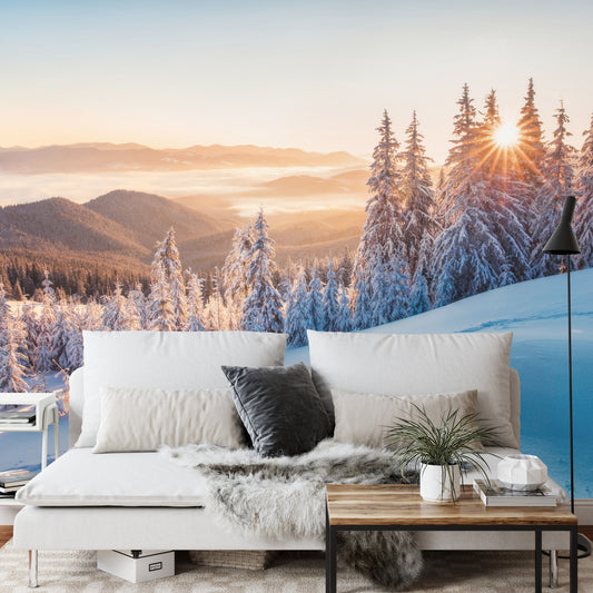 Fototapete Impressive Winter Morning In Carpathian Mountains With Snow Covered Fir Trees. Colorful Outdoor Scene, Happy New Year Celebration Concept. Artistic Style Post Processed Photo.