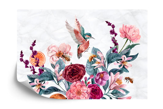 Fototapete Aquarell Kolibris Und Bienen Auf Blumen