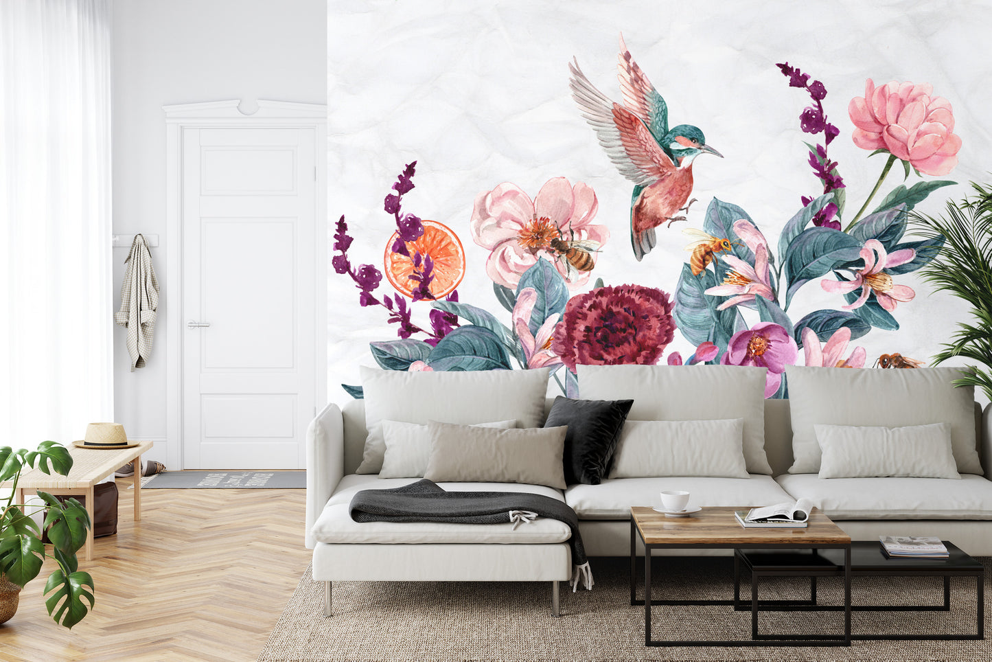 Fototapete Aquarell Kolibris Und Bienen Auf Blumen