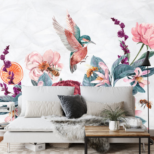 Fototapete Aquarell Kolibris Und Bienen Auf Blumen