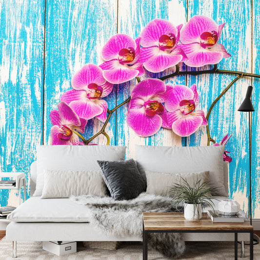 Fototapete Orchideen Auf Einem Hintergrund Aus Brettern