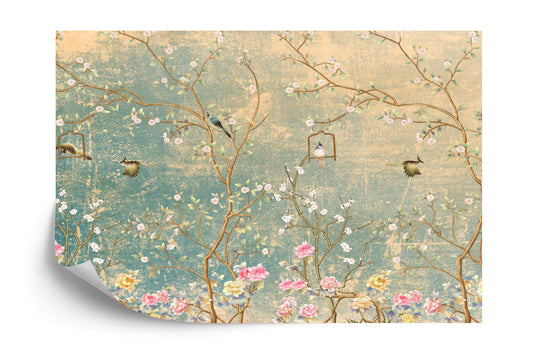 Fototapete Vintage Blumen Und Vögel Auf Pastell Farbigen Älter Hintergrund