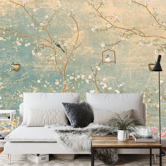 Fototapete Vintage Blumen Und Vögel Auf Pastell Farbigen Älter Hintergrund