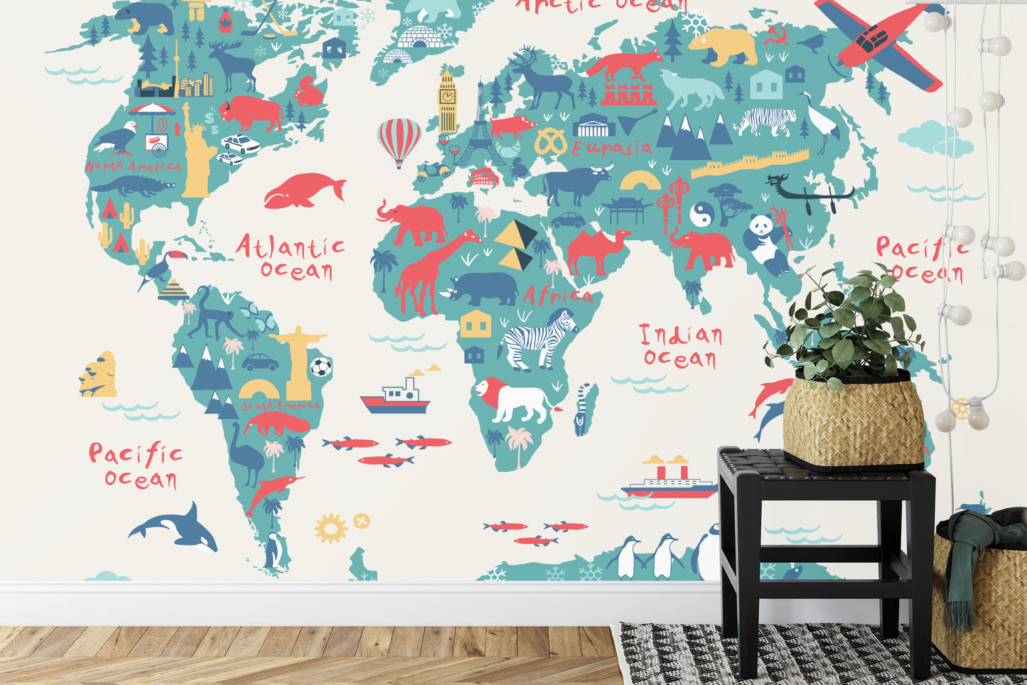 Fototapete Map Of The World Wallpaper Design For Children&#039;s Room. Cute Design, Animals And Builds, Culture, Mural Art.