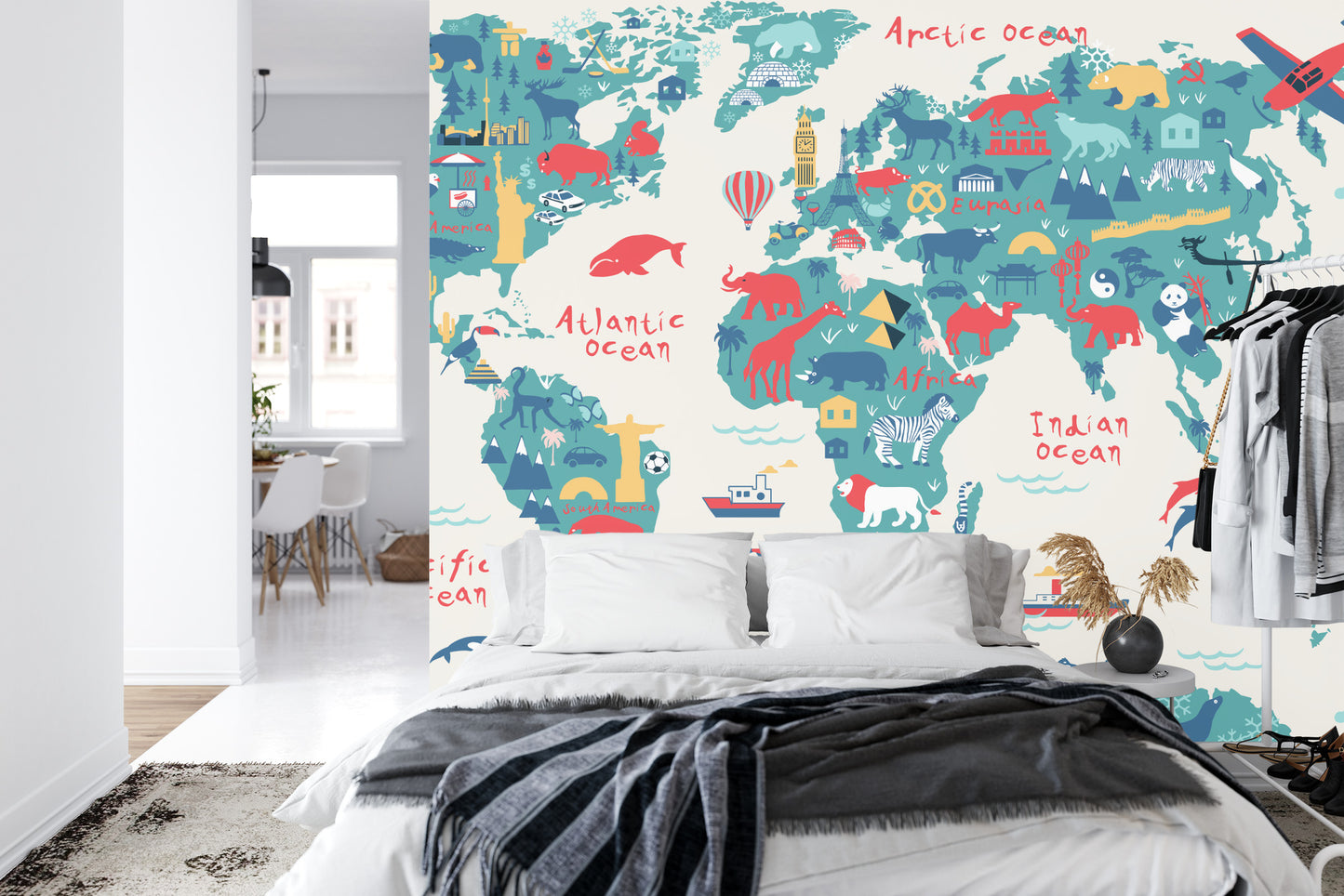 Fototapete Map Of The World Wallpaper Design For Children&#039;s Room. Cute Design, Animals And Builds, Culture, Mural Art.