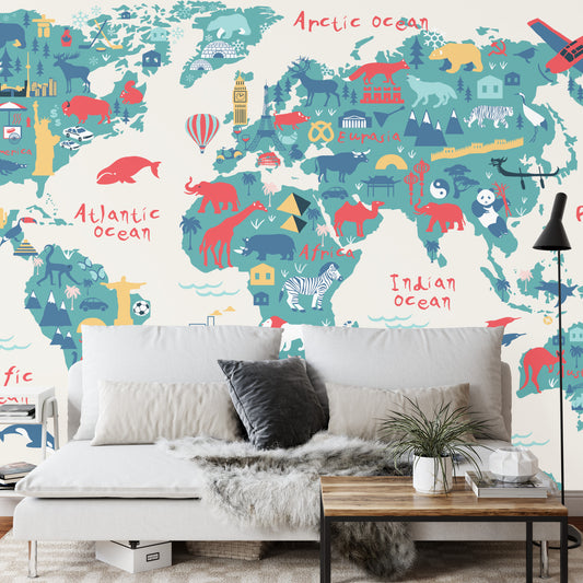 Fototapete Map Of The World Wallpaper Design For Children&#039;s Room. Cute Design, Animals And Builds, Culture, Mural Art.