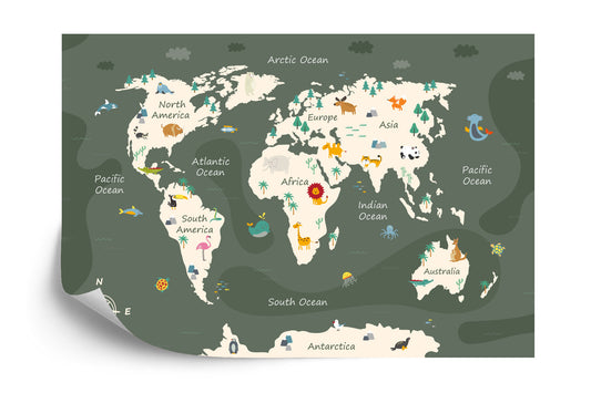Fototapete The World Map With Cartoon Animals For Kids, Nature, Discovery And Continent Name, Ocean Name. Children&#039;s Map Design For Wallpaper, Kids Room, Wall Art
