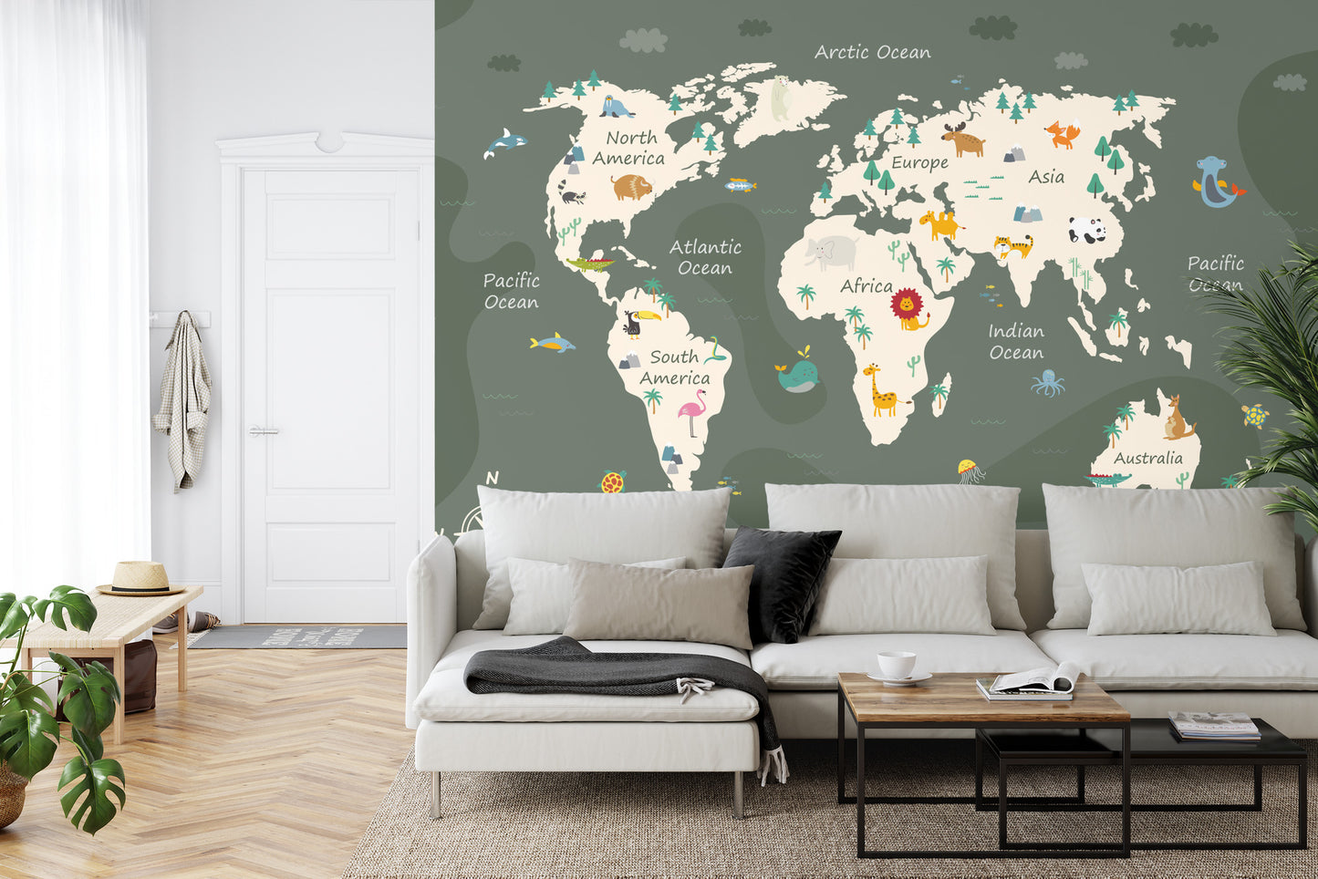 Fototapete The World Map With Cartoon Animals For Kids, Nature, Discovery And Continent Name, Ocean Name. Children&#039;s Map Design For Wallpaper, Kids Room, Wall Art