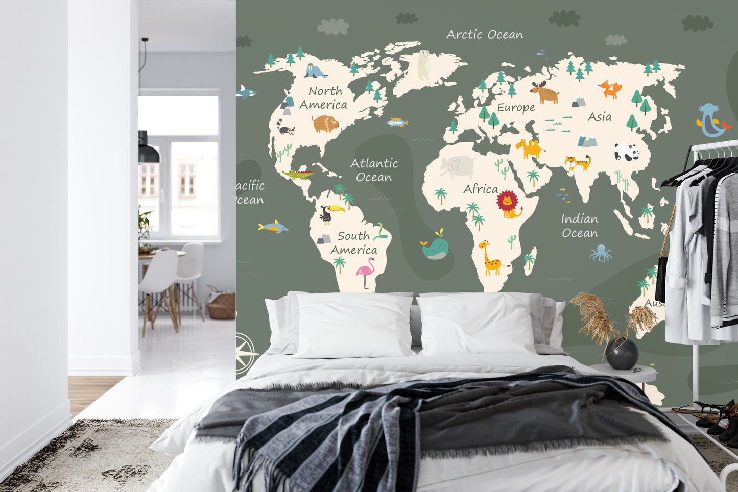 Fototapete The World Map With Cartoon Animals For Kids, Nature, Discovery And Continent Name, Ocean Name. Children&#039;s Map Design For Wallpaper, Kids Room, Wall Art